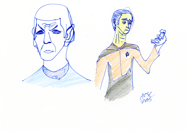 Spock and Data sketch - ink and coloured pencil