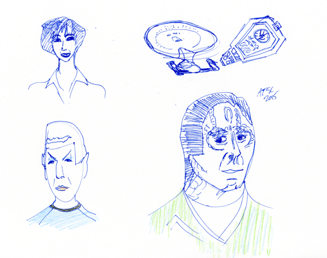 Star Trek Sketch - Enterprise, device, Garak, Spock, Nana Visitor
