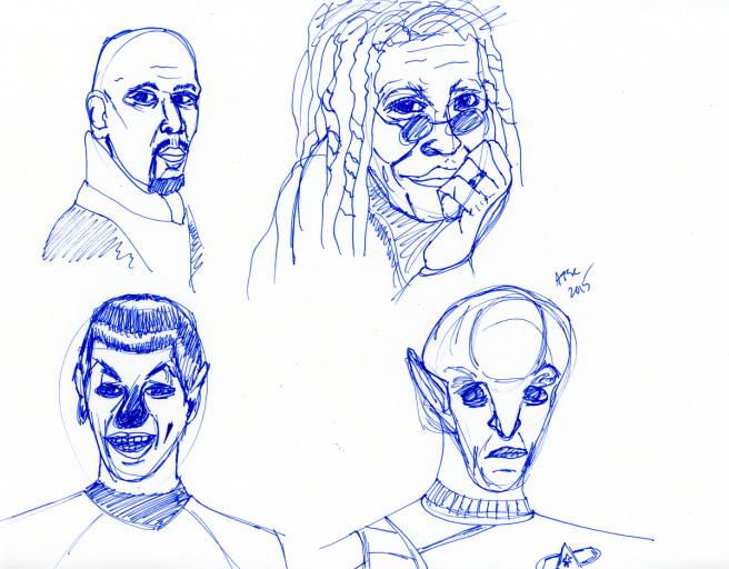 Star Trek Sketch - ink, Whoopi Goldberg, Star Trek movie alien, Spock, Sisko