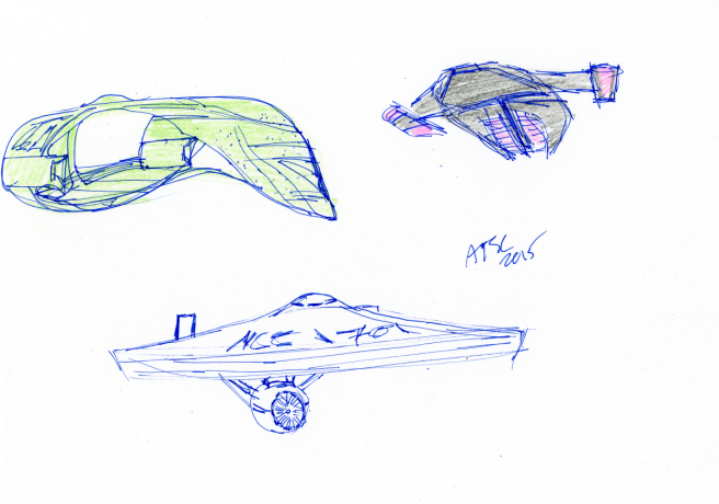 Star Trek ships sketch - ink, Romulan Warbird, Jem'Hadar fighter, Enterprise