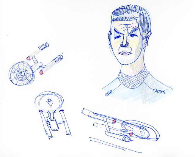 Spock and Enterprises sketch - pencil, coloured pencils, and ink