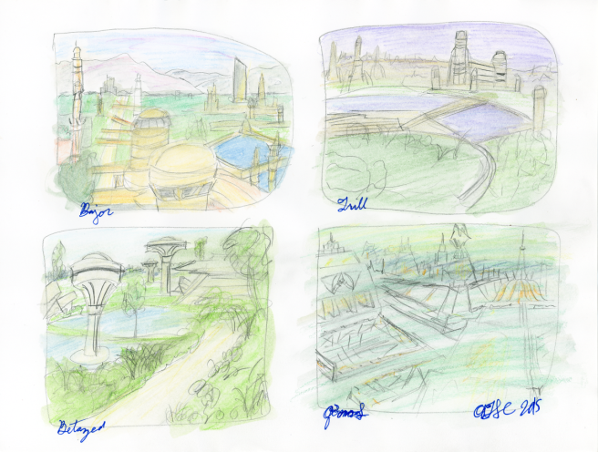 Worlds Sketch Paintings - pencil and watercolour pencil; Bajor, Trill, Betazed, and Qo'noS