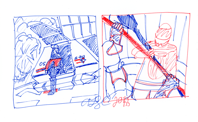 TNG Colour Sketches - blue and red ink; Picard in Shuttlebay and Riker sparring with his father