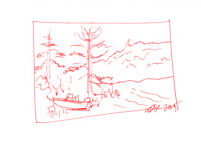 Boat on beach and trees - red ink