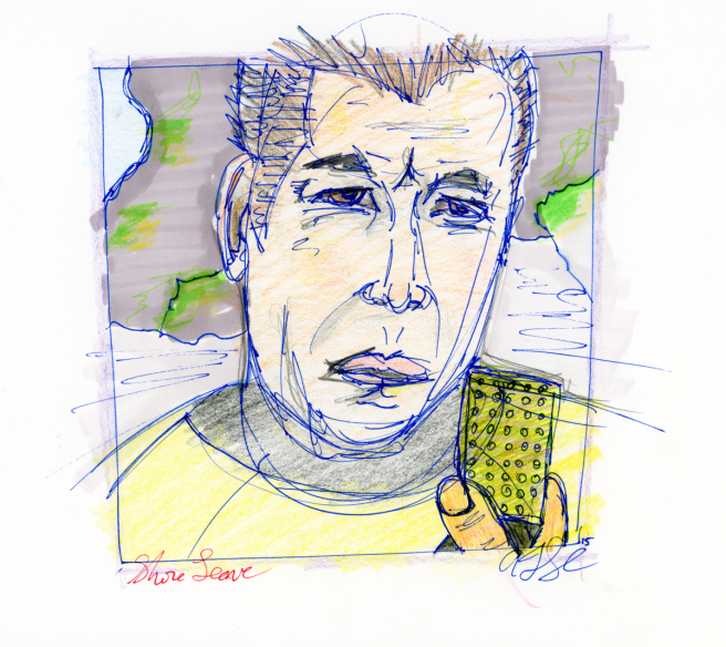 Shore Leave - Kirk talking into communicator - pencil, coloured pencil, ink, marker