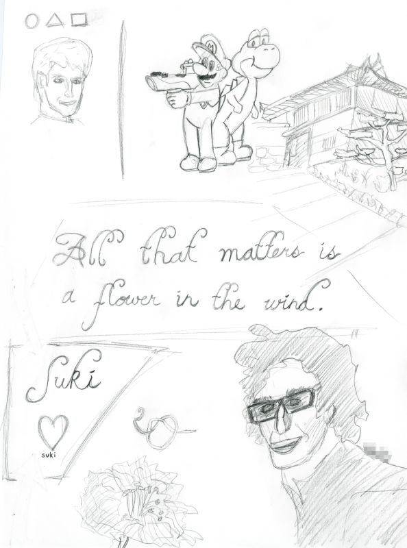 Self-portrait, Mario and Yoshi, portrait, Japanese building - pencil