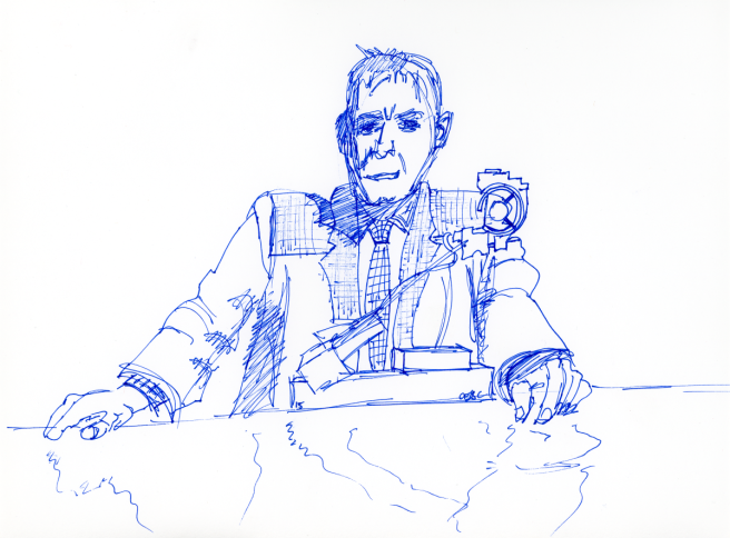 Deckard at Table with testing machine - blue ink