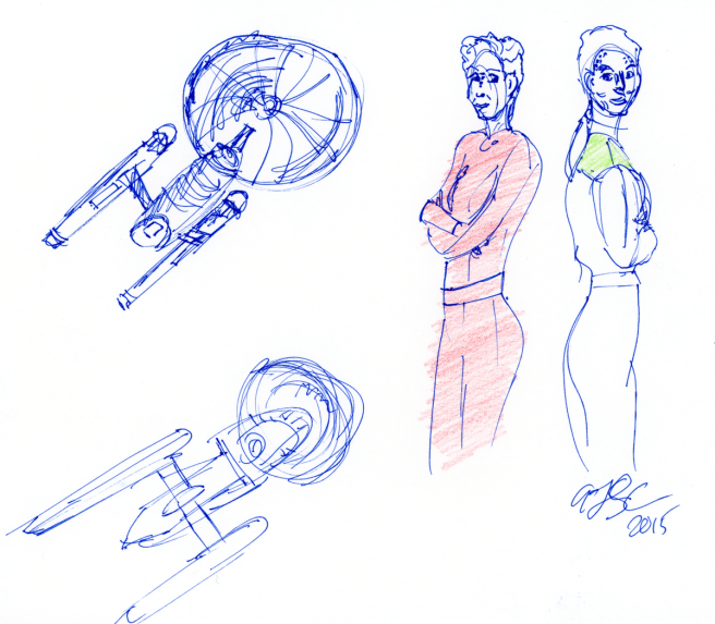Ships, Excelsior-Class and Other, Kira and Dax - blue pen and coloured pencil