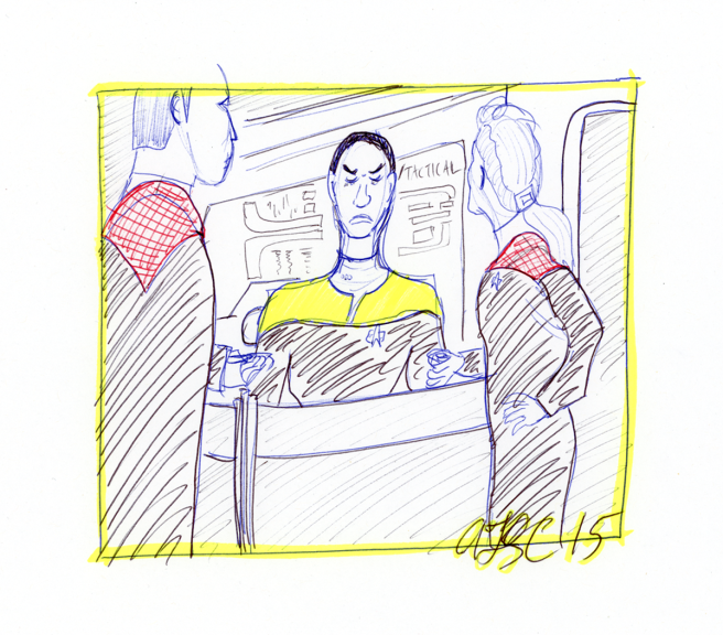 Tuvok, Janeway and Chakotay on the Bridge - ink, pencil and highlighter