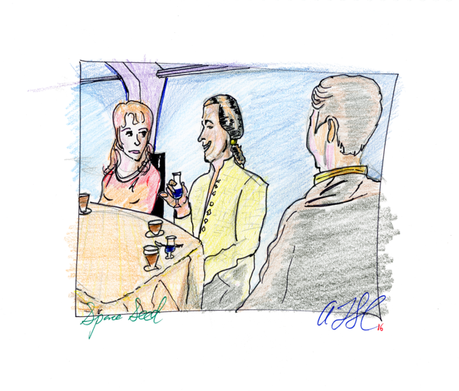 Kirk, Khan, and Marla McGivers sitting at a table - pencil, coloured pencil and ink